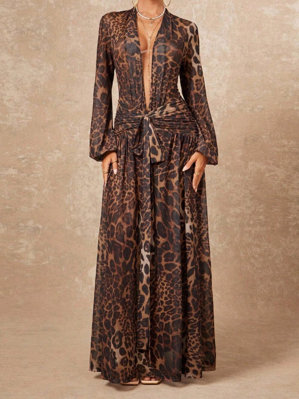 Coffee Brown Elegant Women's Leopard Print Maxi Dress
